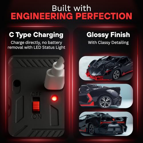 Image of Remote Control Car for Kids |Rechargeable High Speed RC Car with Lithium Battery |Type-C Charging |LED Headlights |Black with Red