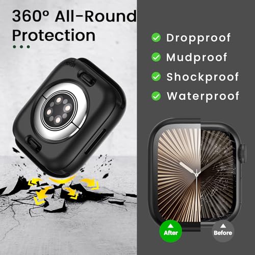 Image of 3 in 1 Goton Waterproof Hard Case for Apple Watch Screen Protector 46mm, 360 Slim Full Protective Tempered Glass Face Cover + Back Hard PC Bumper for iWatch Series 11 /10, 46mm Matte Black