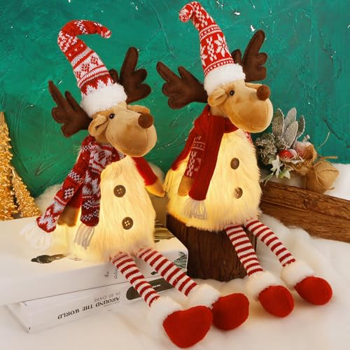 Juegoal 2 Pack Lighted Christmas Reindeers With Dangling Legs, 23 Inch Handmade Plush Rudolph Elk Figurines, Light Up Deer Holiday Present, Battery Operated Xmas Gifts Tabletop Dinner Party Ornaments cover