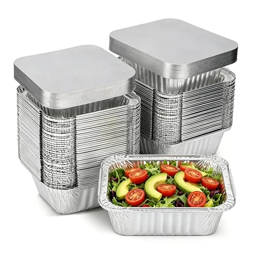 100 Pack - Aluminum Pans with Lids -1LB(5"×4"),Foil Pans - to Go Food Containers,Recyclable Aluminum Foil with Strong Seal for Cooking, Baking,Meal Prep,Take Out,Freeze
