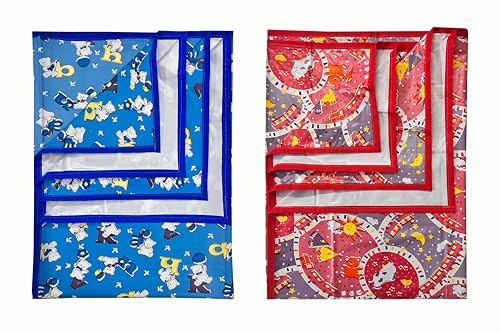 Image of EcoSoft Plastic Sheet,PVC Sheet for Kids,Rubber Sheet for Babies,Bed Wetting Protector(90 x 135 cm) (Blue Alphabet & Pink Cow)