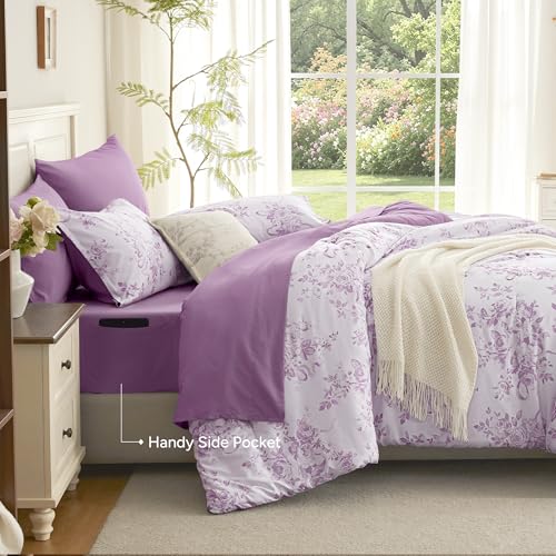 Image of Andency Floral Comforter Set Full Size, 7 Pieces Purple Flower Lightweight Bedding Set for All Seasons, Soft Vintage Bed in a Bag with Comforter, Sheets, Pillowcases & Shams