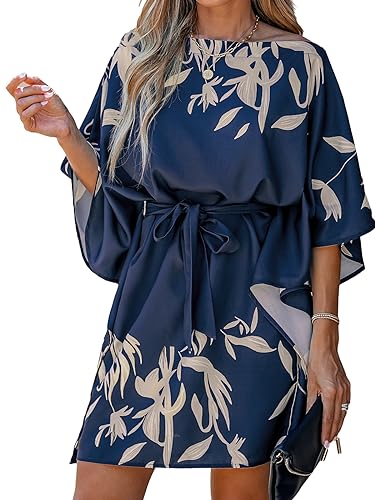 Image of CUPSHE Women's Casual Mini Dress Navy Leaf Print 3 /4 Sleeve One Shoulder A Line Short Belted Dresses