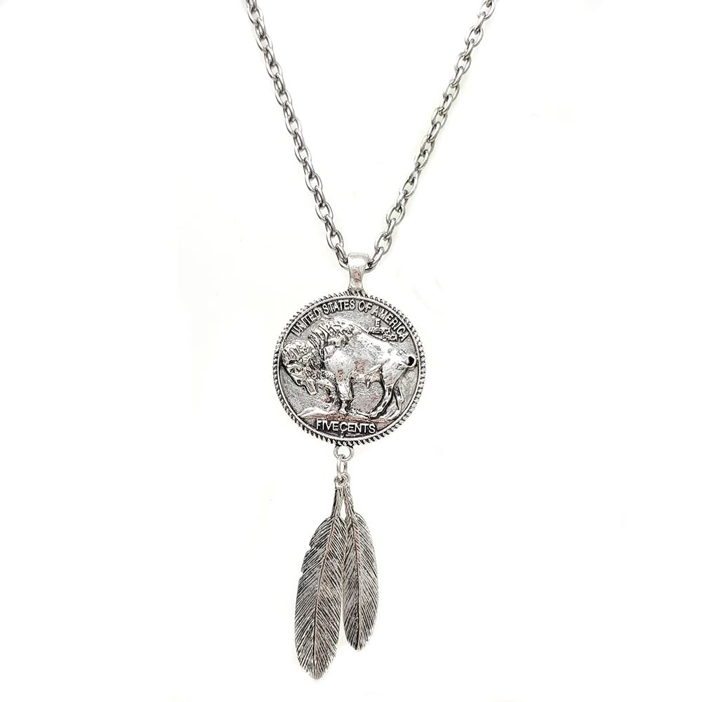 Emulily Western Buffalo and Indian Face Double side Coin Necklace 18" + 3" Ext Western Navajo, Zinc, n