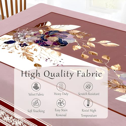 Image of Cloth Fusion Velvet Floral Dining Table Cover Cloth 6 Seater with Stunning Gold Foil Design for Home Decor (60x90 Inch, Maroon)