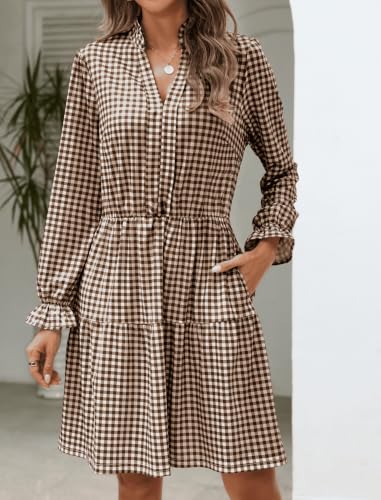 Image of Theenkoln Womens Casual Midi Dress: Short Sleeve V-Neck Empire Waist Gingham Spring Fashion Long Trendy Tiered Formal Dresses