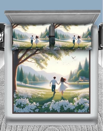 Image of 7D Printed Bedsheet King Size Romantic Dreamy Atmosphere for Couple Design - 90x100 Inch with 2 Pillow Covers | Glace Cotton | Soft Breathable | Premium Bed Sheet | 240TC