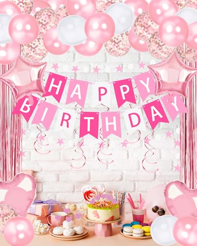 Image of Pink Happy Birthday Party Decorations with Banner Balloons for Women Girls