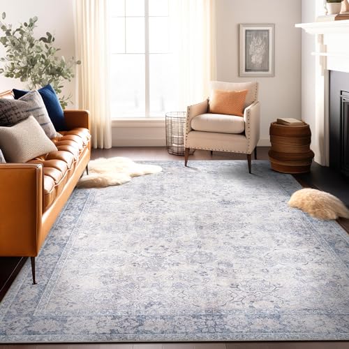 Rugshop Ocean/Blue Transitional Vintage Bordered Area Rug — Machine Washable, 9'x12' for Living Room, Dining Room and Bedroom