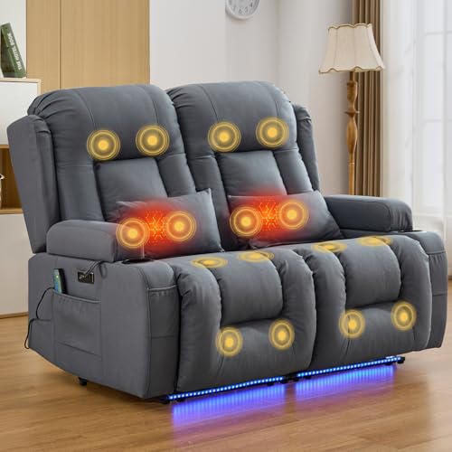 IPKIG 54" Power Reclining Loveseat Sofa, Electric Home Theater Seating with 4 Colors Ambient Lighting/USB Ports/Cup Holders for Living Room, Bedroom, Home, Rvs (Light Blue, 2 Seater)