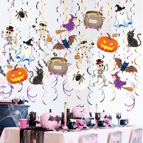 Image of Halloween Hanging Party Decorations, 48 Pcs,Ceiling Decor Indoor Swirl Witches Cauldron Ghost Pumpkin Skull Cat Witch Party Supplies Sign,Black Purple Orange