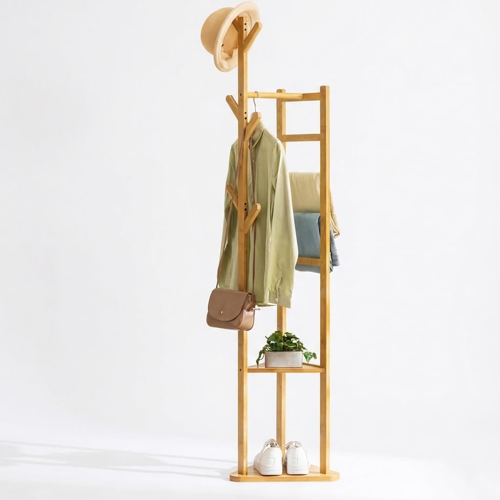 Bamboo Corner Coat Rack - Freestanding Hall Tree Stand with Trouser Rails & Bottom Shelf - 168cm Tall Space-Saving Clothes Hanger for Entryway, Bedroom, Office
