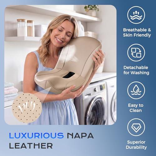 Image of Coverado Car Seat Cushion and Lumbar Support Pillow One Piece, Napa Leather Memory Foam Ergonomic Back Support Driving Seat Cushion for Back Pain, Non-Slip Washable Cushion for Car, Driver, Office