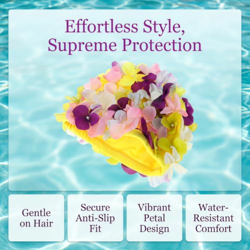 Image of Housoutil Flower Swim Cap for Women, Floral Swimming Cap Waterproof Bathing Hat, Stylish Swim Hat for Adult Women, Colorful Large Size