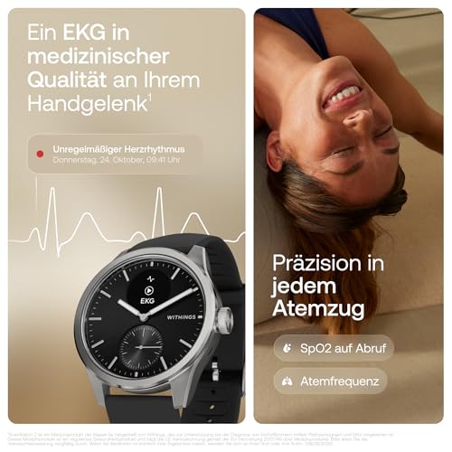 Withings ScanWatch 2 - Gesundheits-Smartwatch für Damen und Herren, EKG, SpO2, Temperatur, Schlaf-Tracker, Atemgesundheit, wasserdicht, Akku 30 Tage, Android und iOS, Black, 42mm
