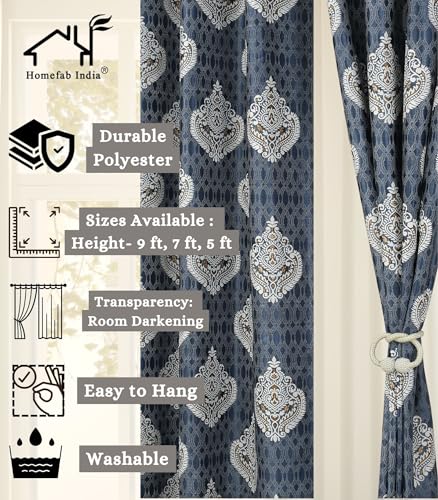 Image of Homefab India 1 Piece Polyester Printed Curtains Room Darkening Panel - Long Door 9 feet, Damask Grey Curtain