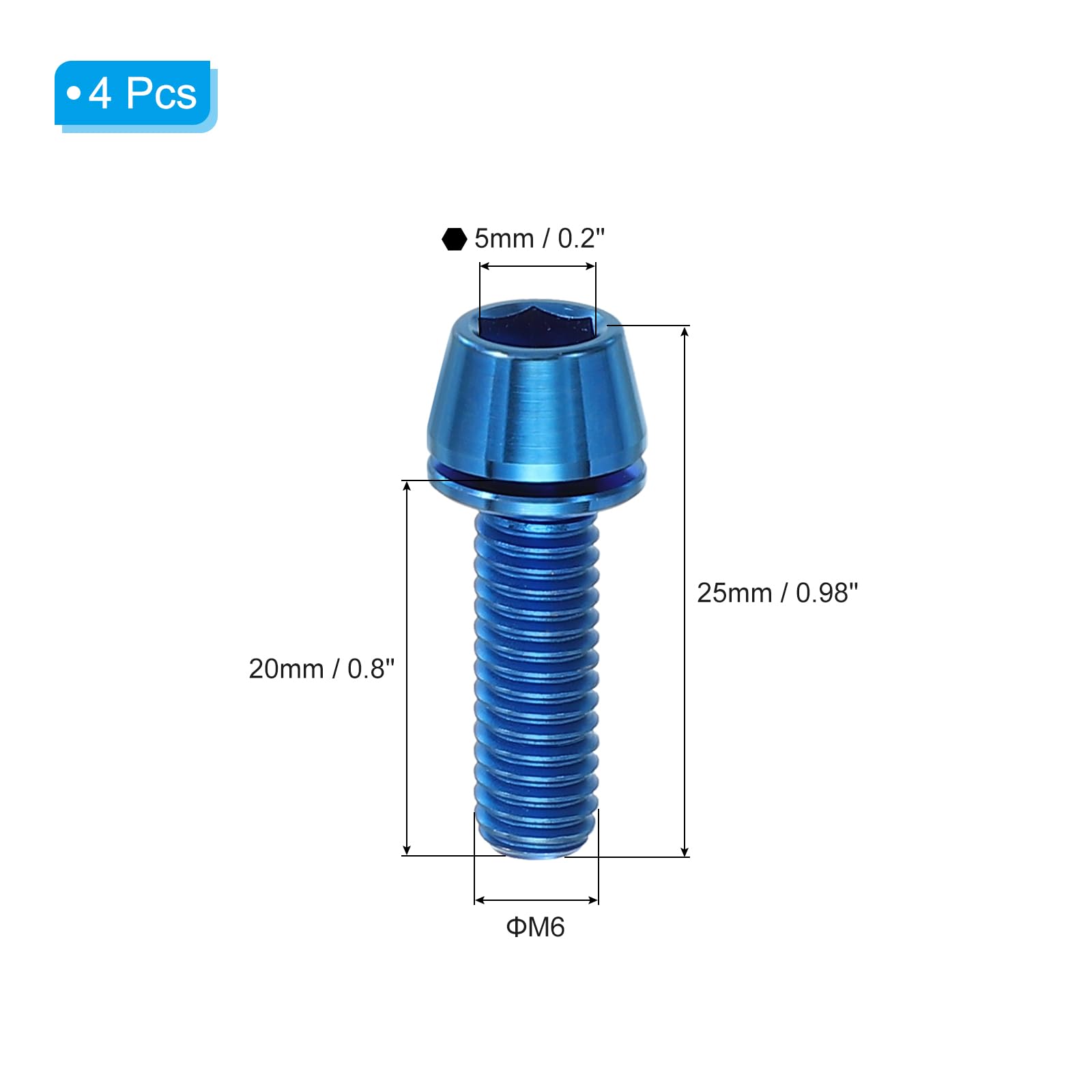 PATIKIL M6x20mm Titanium Bicycle Stem Bolt, 4 Pack Hex Tapered Head Bolt Mountain Bike Screw Replacement with Washer for Bicycle Stem Parts, Blue - Image 2
