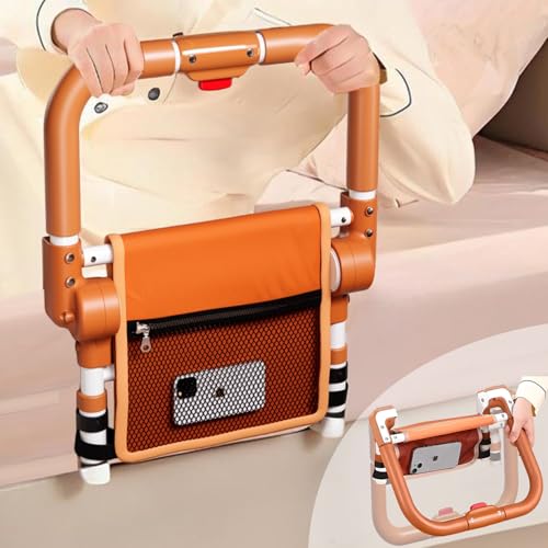 Barandilla Cama Adulto Plegable, Asidero Cama, 3 Alturas Ajustables con Bolsillo de Almacenamiento, Adecuado para Personas Mayores, Personas con Movilidad Reducida y Mujeres Embarazadas