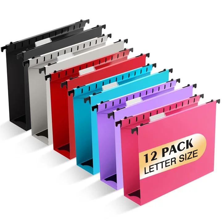 Extra Capacity Plastic Hanging File Folder, 12 Pack Reinforced Hang Folders Letter Size, Heavy Duty 2 Inch Expansion Filing Cabinet Folders for Bulk Files, Medical Charts, Assorted Colors