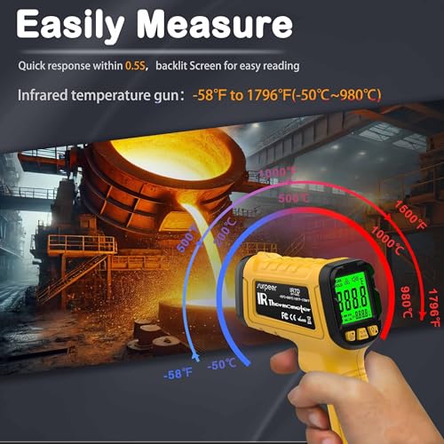 Image of Infrared Thermometer Pyrometer Temperature Gun -58F to 1796F, 50:1 Distance Ratio, Laser IR Temp Gun for Cooking, Pizza Oven, Engine, Kilns, Forges, Industry, and Home Repair.