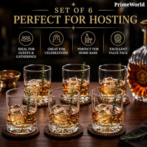 Image of PrimeWorld Hand Blown Crystal Double Old Fashioned Cocktail Set of 6pcs-300ml, Solid Whiskey Glasses, Rocks Glasses, Lowball Glasses - Perfect Size for Oversized Ice Cubes