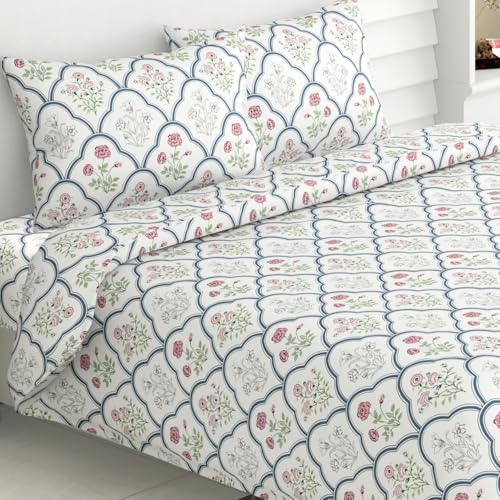 haus & kinder King Size Bedsheet with 2 Pillow Covers, 186 TC Cotton Bedsheet for Double Bed King Size 108X108 Inches Flat Bed Sheet | Classic Trellis, White