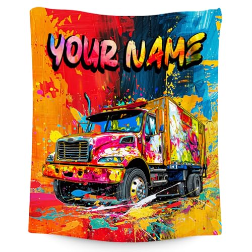 Kids Blanket Truck Blankets for Boys Toddler Custom Gifts with Name - Soft Flannel Throw for Couch, Bed - 4 Sizes
