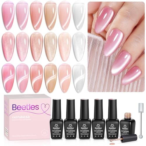 Beetles Pink Cat Eye Gel Nail Polish Set - 6 Colors Nude Pink Sil...