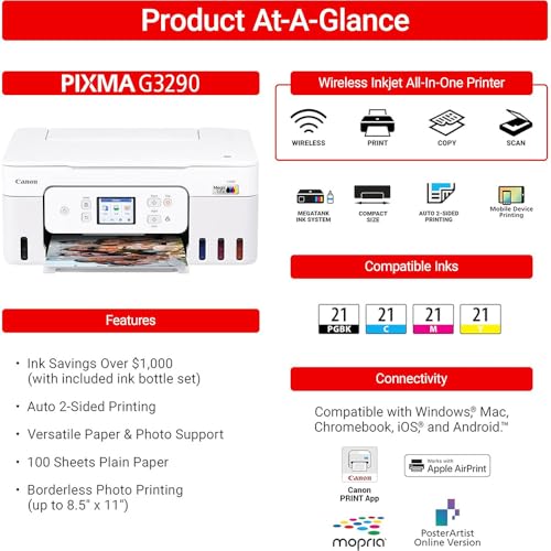 Image of Canon PIXMA G3290 Wireless MegaTank All-in-One Inkjet Printer, Copy, & Scan - White 6706C022 Bundle with 6FT USB 2.0 Printer Cable + Tech Smart USA Printer Essentials Software Kit