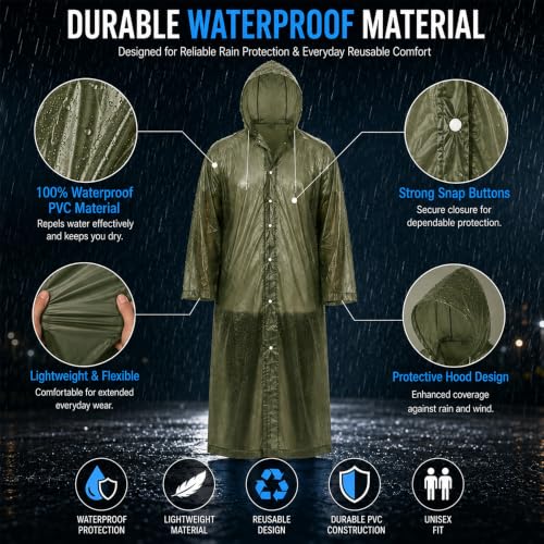 Image of OTOROYS Waterproof Long Rain Coat with Hood for Men, Women, Boys & Girls | Universal Full Length Reusable PVC Raincoat | Lightweight Portable Rain Ware for Bike Riding, Travel & Outdoor, Olive