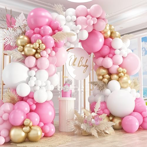 Image of 412Pcs Pink and White Balloons Arch Kit,18 12 10 5 Inch Pink and Gold Balloon Garland Pastal Pink White for Women Girls Birthday Bridal Baby Shower Decorations