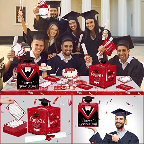 Image of Funrous Large 2026 Red and Black Graduation Card Box with 30 Pcs Advice Card Gift Money Box Congrats Grad 3D Cap Top Holder Class of 2026 Party Decorations College Graduation Supplies