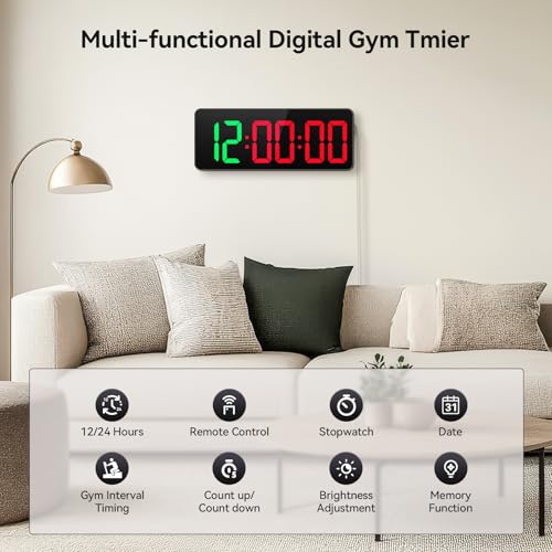 Gym Timer Clock Large Display, 12" LED Exercise Workout Interval Timer with Remote for Boxing Tabata/FGB/EMOM,Countdown/Up,Stopwatch Clock for Sports,Home Gym,Yoga,Garage,Office,Classroom - Image 4