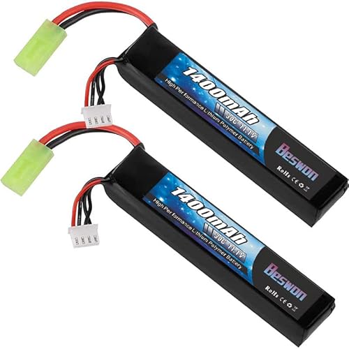 BESWON 2 Packs Airsoft Battery 11.1V Rechargeable 1400mAh 30C Lipo Battery Pack with Mini Tamiya Connector for Airsoft Guns Rifle