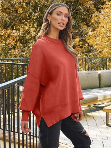 Image of LILLUSORY Women's Oversized Batwing Sweaters 2026 Fall Outfits Trendy Crewneck Knit Side Slit Fashion Pullover Tops