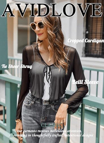 Avidlove Womens Sheer Shrug Tie Front Long Bell Sleeve Mesh Bolero Lightweight Summer Casual Short Shawl Top2