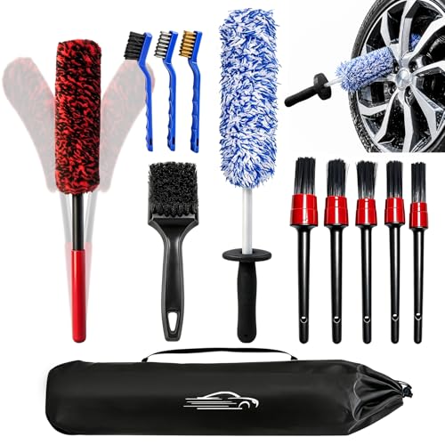 11Pcs Alloy Wheel Brush Kit Professional Bendable Microfibre Long Handle Wheel Brushes Car Detailing Brushes & Stiff Tyre Brush Car Cleaning Kit for Exterior & Interior
