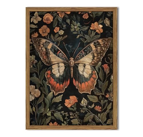 Framed Vintage Butterfly Wall Art, Dark Academia Flowers Insect Pictures