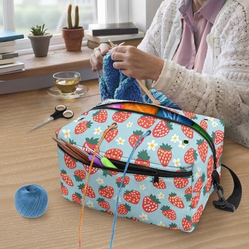 Image of Drnuikhe Strawberry Print Crochet Bag Yarn Storage Knitting Large Capacity Yarn Storage Organizer for Knitting Needles, Crochet Hooks and Other Accessories