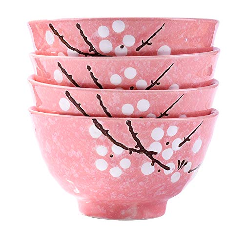 Japanese Rice Bowls Set of 4 - Japanese Style Hand-painted Pink Plum Ceramic Bowls set of 4 for Dessert Snack Cereal Soup