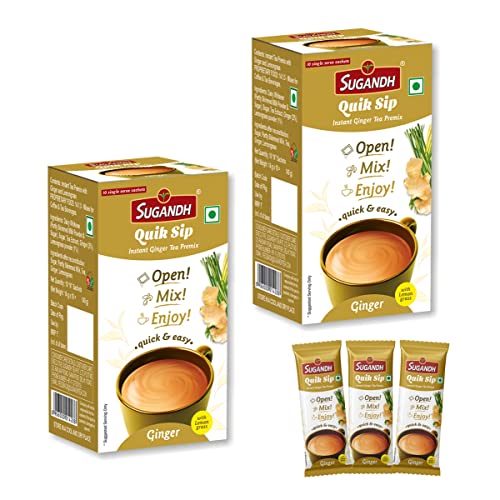 Image of Sugandh Quik Sip Instant Ginger Lemongrass Chai Premix (Pack of 2) - Single Serve Sachets - 2 Boxes of 10 Sachets each