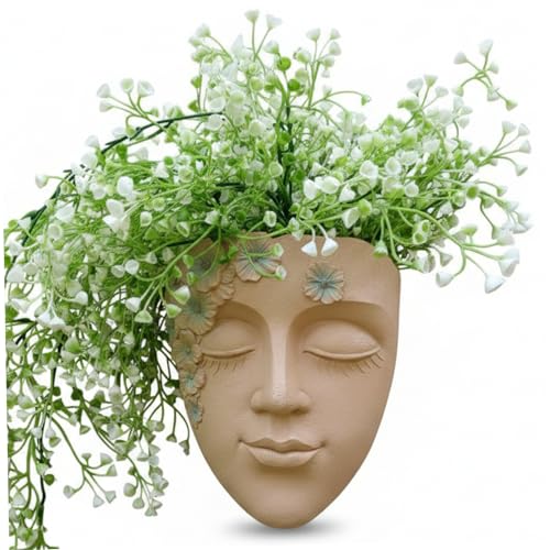Pot de fleurs mural visage intérieur cache-pot résine kaki brodé - 2