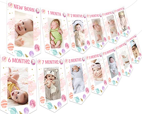 Fangleland Space 1st Birthday Photo Banner, Solar System Planet First Trip Around the Sun Birthday Decoration - Pink Monthly Milestones Garland for Newborn to 12 Month Baby Girl