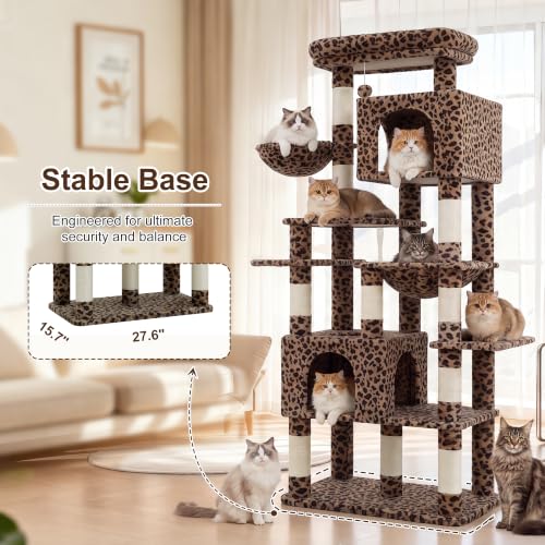 Image of Heybly Cat Tree, 76-Inch Tall Heavy Duty Cat Tower for Big Cats HCT039BW | Multi-Level Large Cat Furniture with Extra Wide Baseboard, 2 Condos & 2 Hammocks, 10 Scratching Posts, Leopard Print