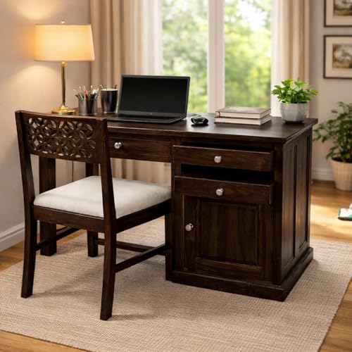 Image of Sheesham Wood Study Table for Bedroom 2 Drawer,1 Storage Cabinet with Keyboard Trey with Flora Chair with Matte Finished (Dark Walnut)