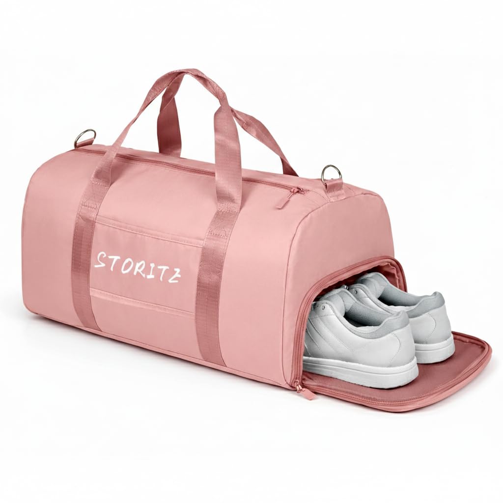 Nylon 46 cm Foldable Travel Duffel Bag, Sports Gym Duffle Bag, Shoulder Handbag for Women, Outdoor Weekend Bag with Shoe and Wet Clothes Compartments (Pink,46x23x23 cm)