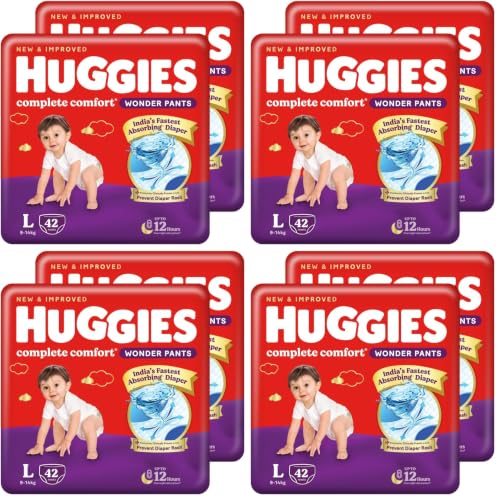 Image of Huggies Complete Comfort Wonder Pants | Pant Style Baby Diapers Large Size (L), 84 Count | India's Fastest Absorbing Diaper, Prevents Diaper Rash, Ideal for 9 to 14 Kgs (42 Count, Pack of 8)