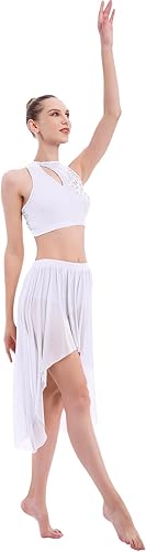 Miniatura 5 de ODASDO Disfraz de baile lírico de 2 piezas para mujer, ropa de baile moderna y contemporánea, con lentejuelas, parte superior de malla, falda de tul