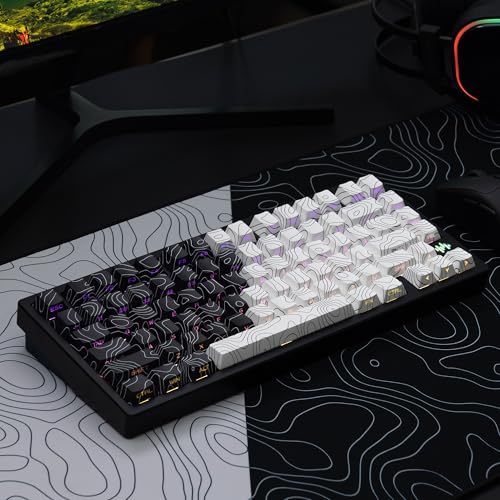 Image of double shot PBT keycaps,black and white,Topographic keycaps,lines backlit,Shine Through keycap,Side Printed keycap,dye sublimation,Cherry Profile keyboard caps for TKL US Layout Mechanical Keyboard