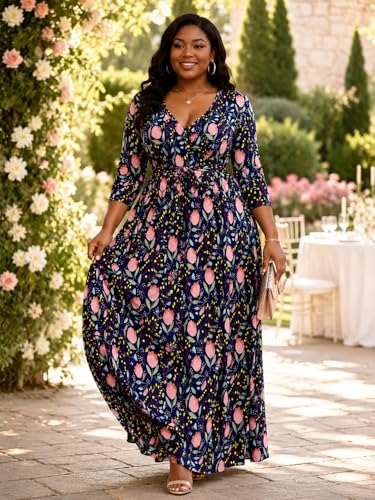Image of PinkPatty Women's Print Maxi Dresses 3 /4 Sleeve Flowy Long Dress V Neck Wrap Tie Waist Sundress